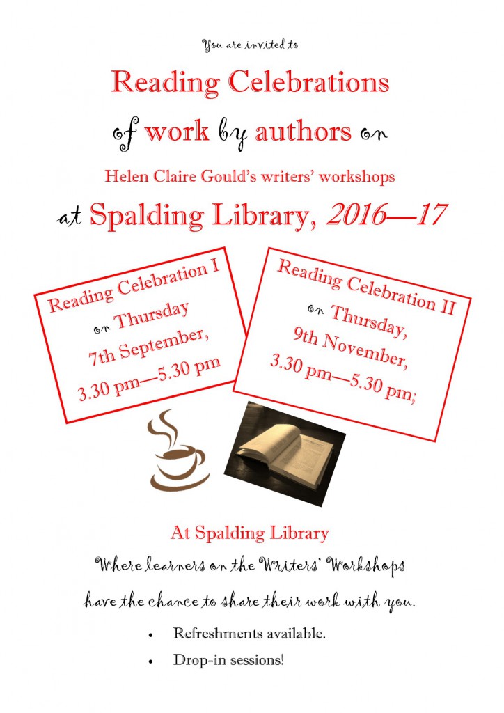 Venue, date and time details for Spalding Library's writing learners' Reading Celebrationg